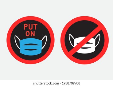 Put on and not throw out mask dark stickers on gray background. Stop coronavirus sign. Virus covid-19 microbe infection danger template. Flu protection symbol icon