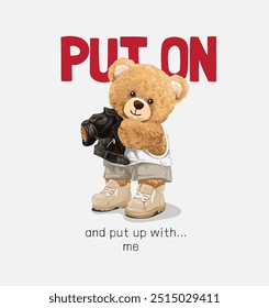 colocar em slogan com boneca de urso colocando na ilustração vetor jaqueta