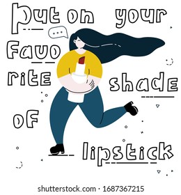 Ponte tu tono favorito de pintalabios. Ilustración vectorial de autocuidado para niñas. mujeres y otros. Palabra con letras dibujada a mano. Sobrepeso cuerpo positivo hermosa chica está abrazando un pintalabios