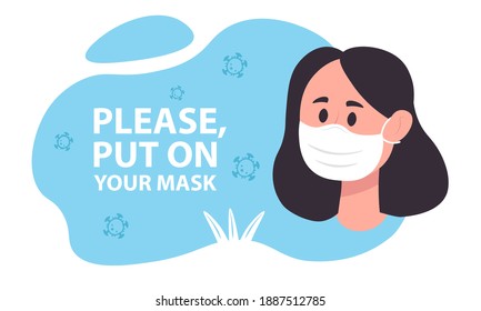 Put On Your Mask. Covid-19 prevention. Safety measure during coronavirus. Vector illustration.