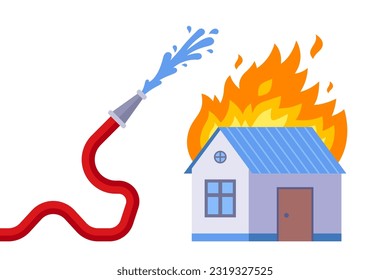 put out the fire with a red hose. House is burning. flat vector illustration.