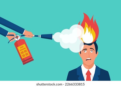 Put out head fire. A man with a fire extinguisher extinguishes a fire in a burning brain. Psychological therapy help. Burnout and emotional problem, mental illness. Vector illustration flat design.