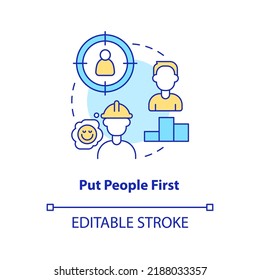 Put People First Concept Icon. Support Employees. Supply Chain Priority Abstract Idea Thin Line Illustration. Isolated Outline Drawing. Editable Stroke. Arial, Myriad Pro-Bold Fonts Used