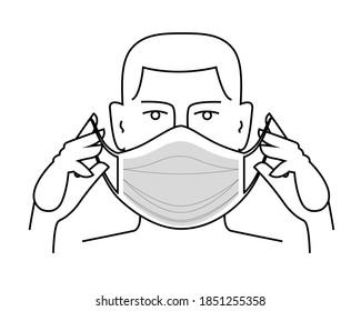 Pon máscara protectora en la cara. Pegatina, afiche, cartel delante de la entrada con las palabras puestas en una máscara médica. Prevención de brotes de virus. higiene.
