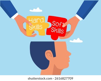 Put the skill into the brain,Business Giant Hand holding two pieces between Hard VS Soft Skills Concept on big head human Idea Development ,Multiple Intelligences Vector Illustration