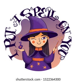 I put a spell on you - halloween hand drawn lettering phrase. Funny holiday vector illustration. Cute cartoon witch character with bottle and magic stick. 