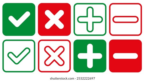 Put a tick and a cross, as well as plus and minus as a sign of confirmation or denial. EPS 10.