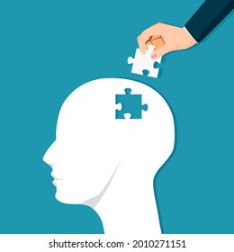 Put together a jigsaw puzzle with a human head. Puzzle strategy for people. vector illustration