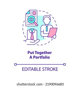 Zusammenstellen des Portfolio-Concept-Icons Jobsuche. Werden Sie Mode-Designer abstrakte Idee dünne Linie Illustration. Einzeln Umrisszeichnung. Bearbeitbarer Strich. Arial, Myriad Pro Fett Schriftarten verwendet