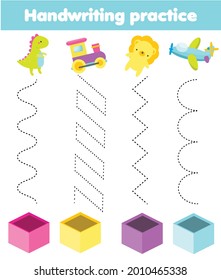put toys in box. handwriting practice sheet. Christmas and new year activity for kids. Educational children game. Basic writing tracing for toddlers