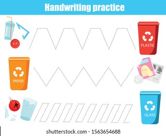 Put trash in bin. handwriting practice sheet. Educational children game. Preschool Tracing for toddlers. Waste sorting theme for kids