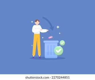 poner basura en su lugar. forma adecuada de eliminar la basura. un hombre tiró una lata usada a la basura. mantente limpio. diseño de concepto de ilustración. elementos vectoriales