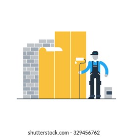 Put wallpaper, manual worker, construction works, home improvement, vector flat illustration