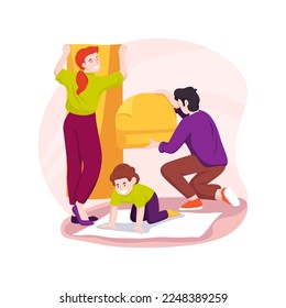 Put wallpapers isolated cartoon vector illustration. Happy family doing renovation, kids helping parents to put wallpaper, applying glue, decorating walls, improving home design vector cartoon.