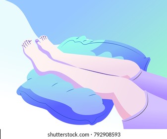 Put Your Feet Up. Vector Illustration That Shows The Foot Is Placed On The Pillow To Keep The Blood Circulation And Relaxing Our Body .