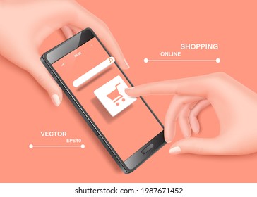 Put your hand up and use finger press to order products from a smartphone application,hand,smartphone,shopping cart icon on pastel pink background for shopping online concept design,vector 3d isolated