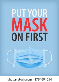 Put your mask on first concept on blue background.Vector illustration.