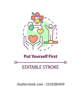 Put yourself first concept icon. Approach to self love abstract idea thin line illustration. Self-esteem development. Isolated outline drawing. Editable stroke. Arial, Myriad Pro-Bold fonts used