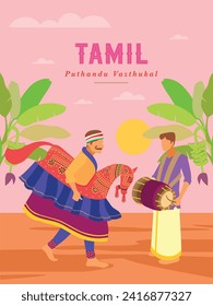 Puthandu also known as Tamil New Year, is the first day of year on the Tamil calendar. Greeting design with illustration of dancer. Tamil Puthandu Vazthukal or Tamil New year Greetings.