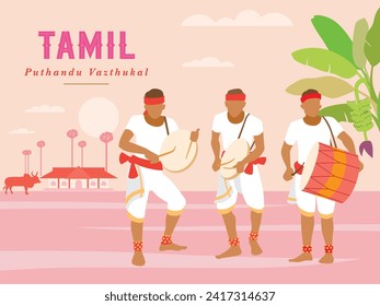 Puthandu also known as Tamil New Year, is the first day of year on the Tamil calendar. Greeting design with illustration of dancer. Tamil Puthandu Vazthukal or Tamil New year Greetings.