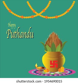 Puthandu Tamil Happy New Year English typography, brass round vessel, coconut, mango leaves rangoli design, earthen oil lamp and hanging floral garland on bluish green background. 