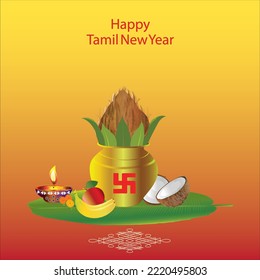 Puthandu Tamil New Year auspicious kalash with coconut on banaa leaf, oil lamp, banana, apple and broken coconut , traditional rangoli design with English script on red to yellow color background
