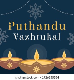 Puthandu Vazhtukal Holiday Tamil Translation Happy New Year. Ugandu or Diwali South India Sri Lanka Festival. Offering diya oil lamp in clay pot on dark background. Traditional Religious celebration. 