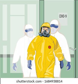 Putin in a yellow infectious suit. President Putin at the Kommunarka infectious diseases hospital. doctors behind a glass door. Putin in a masked hospital. Putin and coronavirus. Coronavirus in Russia