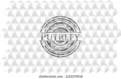 Putrefy grey badge with geometric cube white background