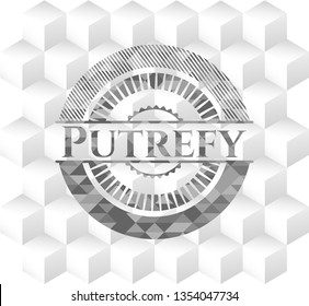 Putrefy grey emblem with geometric cube white background