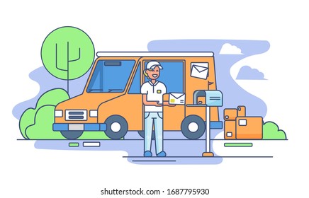 С alimentador pone un sobre en el buzón. Él entregó el paquete a la casa. Van amarilla. Ilustración de dibujos animados de color plana vectorial para