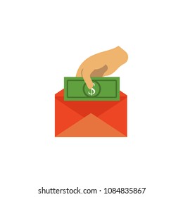 hand puts money in an envelope colored icon. Element of bankings for mobile concept and web apps. Detailed  hand puts money in an envelope colored icon on white background