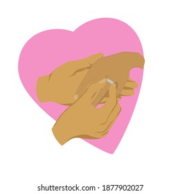 Puts a ring on, hand in hand on the background of the heart, romantic moment of handing the ring vector illustration