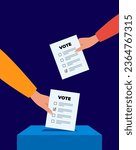 Puts voting ballot in ballot box. Voting and election concept. Vector illustration
