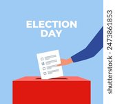 Puts voting ballot in ballot box. Election day. Voting and election concept. Vector illustration