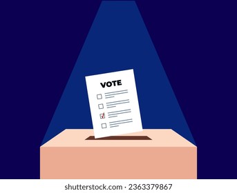 Puts voting ballot in ballot box. Voting and election concept. Vector illustration