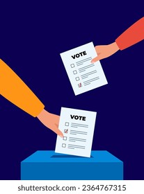 Puts voting ballot in ballot box. Voting and election concept. Vector illustration