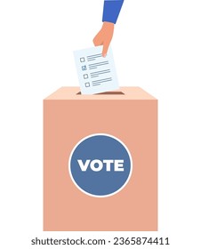 Puts voting ballot in ballot box. Voting and election concept. Vector illustration