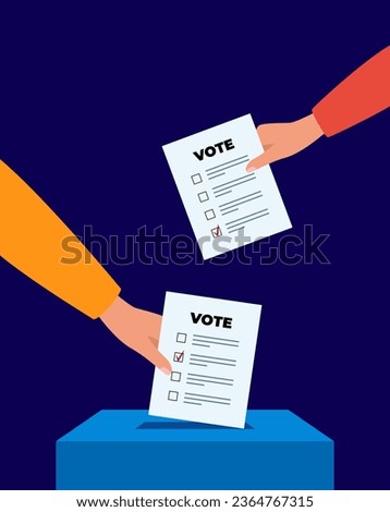 Puts voting ballot in ballot box. Voting and election concept. Vector illustration