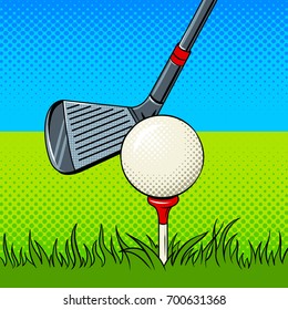 Putter and golf ball pop art style vector illustration. Comic book style imitation