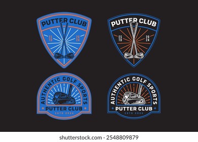 putter golf club with glint line retro badge logo design set for golfer, golf club, professional team, sport and tournament. putter golf stick with sunburst emblem illustration logo