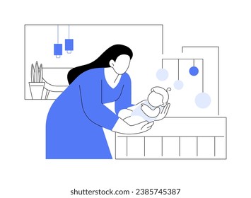 Putting a baby in bed isolated cartoon vector illustrations. Beautiful mother put her newborn baby in bed, moms home routine, young parents daily chores, infant care vector cartoon.