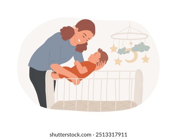 Ein Baby ins Bett zu legen, ist eine einzelne Zeichentrickfigur mit Vektorgrafiken. Schöne Mutter legte ihr neugeborenes Baby ins Bett, Mütter Heimarbeit, junge Eltern tägliche Arbeit, Kinderbetreuung, Vektorkarikatur.