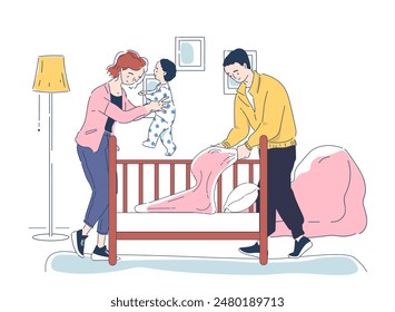 Putting baby in crib concept. Man and woman with toddler in children room. Happy parents with children and kid. Mother and father with son. Linear flat vector illustration isolated on white background