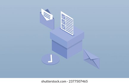 Putting Ballot Into Voting Box.Choosing Candidate at Vote Polling Station. Election Campaign and Referendum Concept.on blue background.3D design.isometric vector design Illustration.