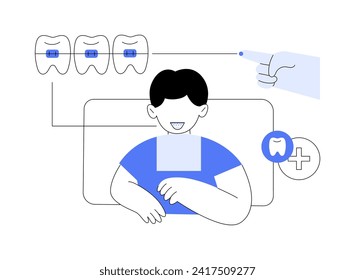 Putting braces on abstract concept vector illustration. Orthodontist installing braces for kids teeth, dentistry sector, oral health, brackets for child, bite alignment abstract metaphor.