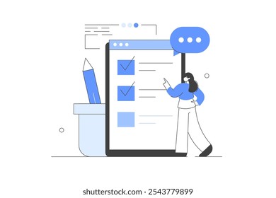 Colocando Marca de Seleção na Lista de Verificação. Conceito de Auditoria Financeira. Finanças. Pesquisa online. Preenchendo formulário de pesquisa. Ilustração de vetor, ícone. Elegante, minimalista 