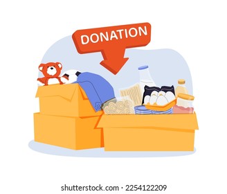 Putting Clothes and Food in Donation Box. Charity Support and Saving Money. Cartoon Color Cardboard Donation Box Icon Set Include of Money, Clothing and Toys. Vector illustration of Icons