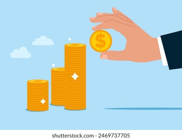 Putting coin a stacks money savings. Modern vector illustration in flat style