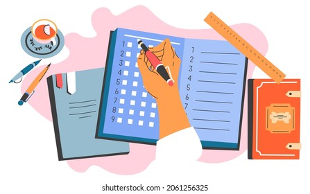 Putting down notes or writing in diary, isolated organizer or planner with markers and stickers for highlighting. Board or notepad, working or organizing personal life events. Vector in flat style